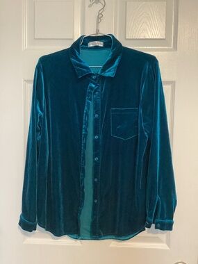 Velvet Button-Up Shirt Jacket - Teal